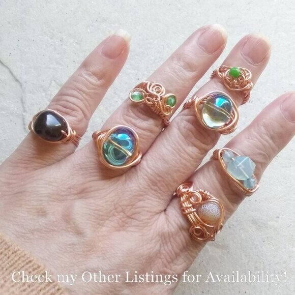 Wire Wrapped Copper & Bright Green Fire Agate Ring - Size 7 - Spring Summer Boho - Picture 10 of 11